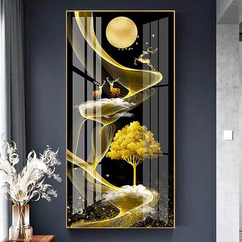 入户玄关现代轻奢麋鹿锦鲤晶瓷镶钻画客厅竖版装饰画走廊过道壁画