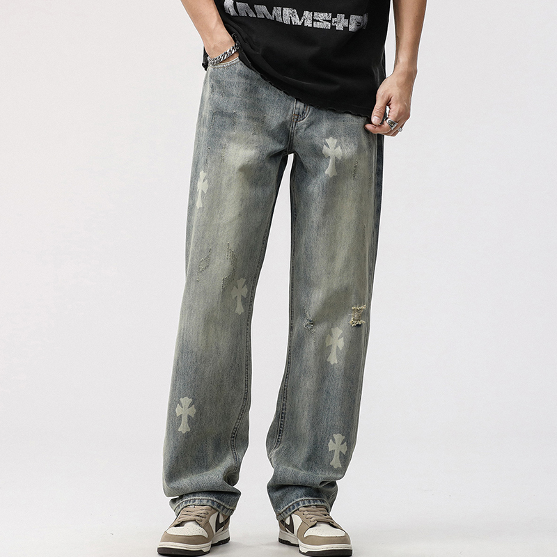 美式复古印花破洞牛仔裤男