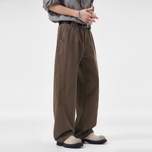 美式复古宽松休闲裤男2026春季新款棕色直筒长裤青少年纯棉弯刀裤