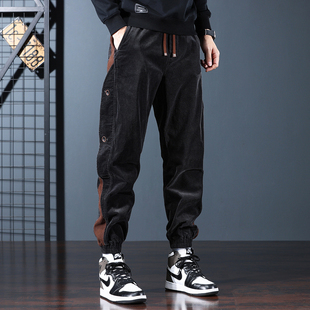 2025秋冬新款灯芯绒哈伦休闲裤男青少年加绒加厚宽松拼接束脚长裤