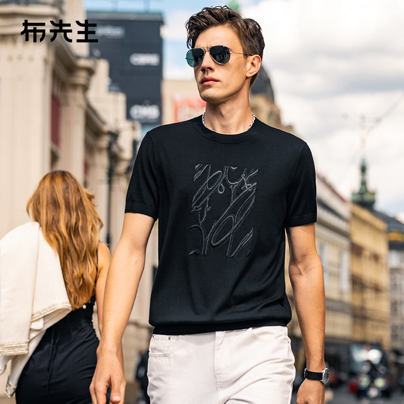 布先生轻奢立体刺绣澳洲羊毛短袖T恤衫秋季可机洗男士上衣PT15539,男装,针织衫/毛衣,淘宝优惠券,粉丝福利购,淘宝优惠卷