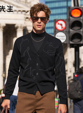 布先生轻奢羊毛外套V领叠穿开衫男秋冬马图案长袖上衣PT16727断码