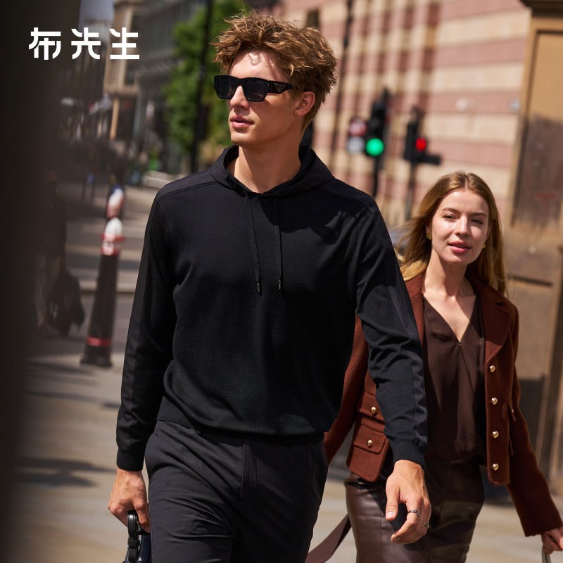 布先生轻奢连帽长袖毛T秋冬男款马鞍肩100%绵羊毛百搭时尚PT16715