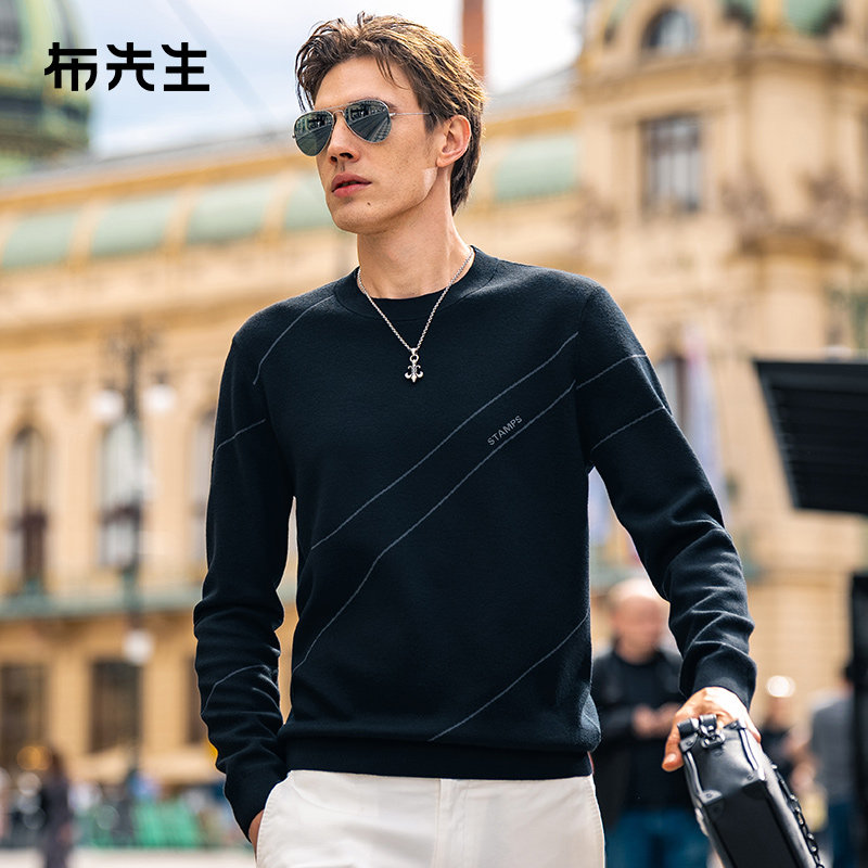 布先生轻奢长袖羊毛衫男款字母刺绣撞色线条保暖圆领毛衣PT15581