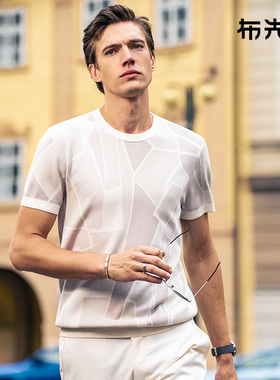 布先生轻奢针织t恤男款短袖夏季透气几何拼接艺术时尚减龄ET15132