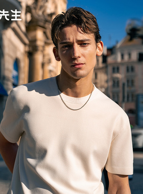 布先生轻奢纯色圆领宽松短袖男士夏针织字母提花T恤衫ET16162断码