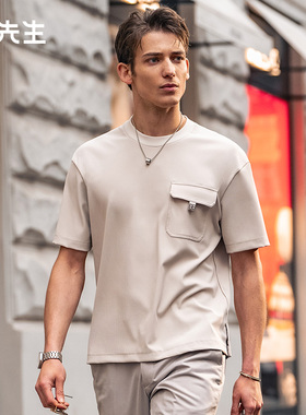 布先生轻奢短袖T恤男设计感口袋时尚上衣夏季圆领宽松ET16219断码