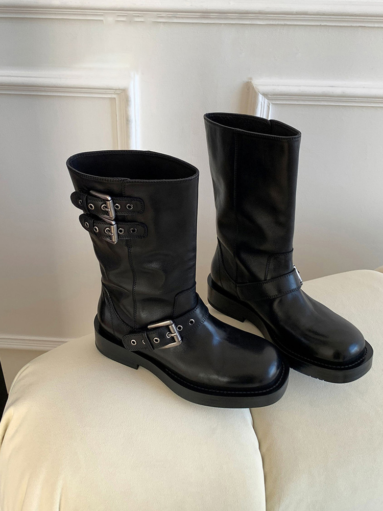 羊皮版~真皮中筒靴皮带扣马丁靴2025秋季新款厚底机车靴骑士靴女