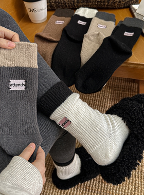 秋冬ins拼接撞色中筒袜attends后跟粉标刺绣堆堆袜情侣潮流袜子女