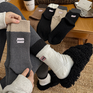 秋冬ins拼接撞色中筒袜attends后跟粉标刺绣堆堆袜情侣潮流袜子女