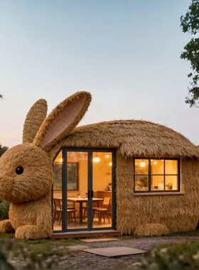 户外景观艺术稻草动物造型茅草小屋餐厅凉亭雕塑网红动物茅草小屋