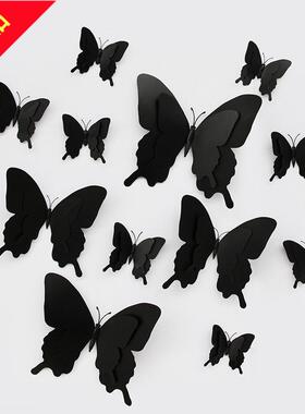 12只装黑色蝴蝶 家居创意万圣节3d立体塑料仿真装饰蝴蝶
