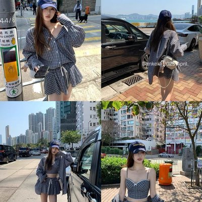 板栗可可Bankelili4.8/20点 菲林假日 慵懒格子衬衫吊带+短裤套装
