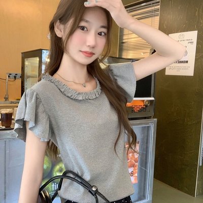 气质小飞袖短袖t恤女2025夏季新款修身显瘦独特漂亮正肩短款上衣
