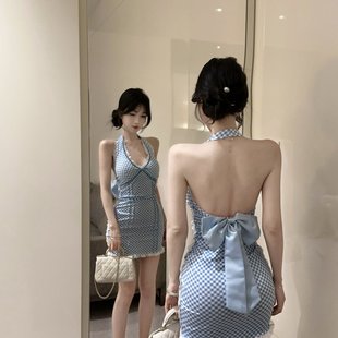纯欲格子弹力v领露背甜美蝴蝶结性感辣妹连衣裙女 实拍