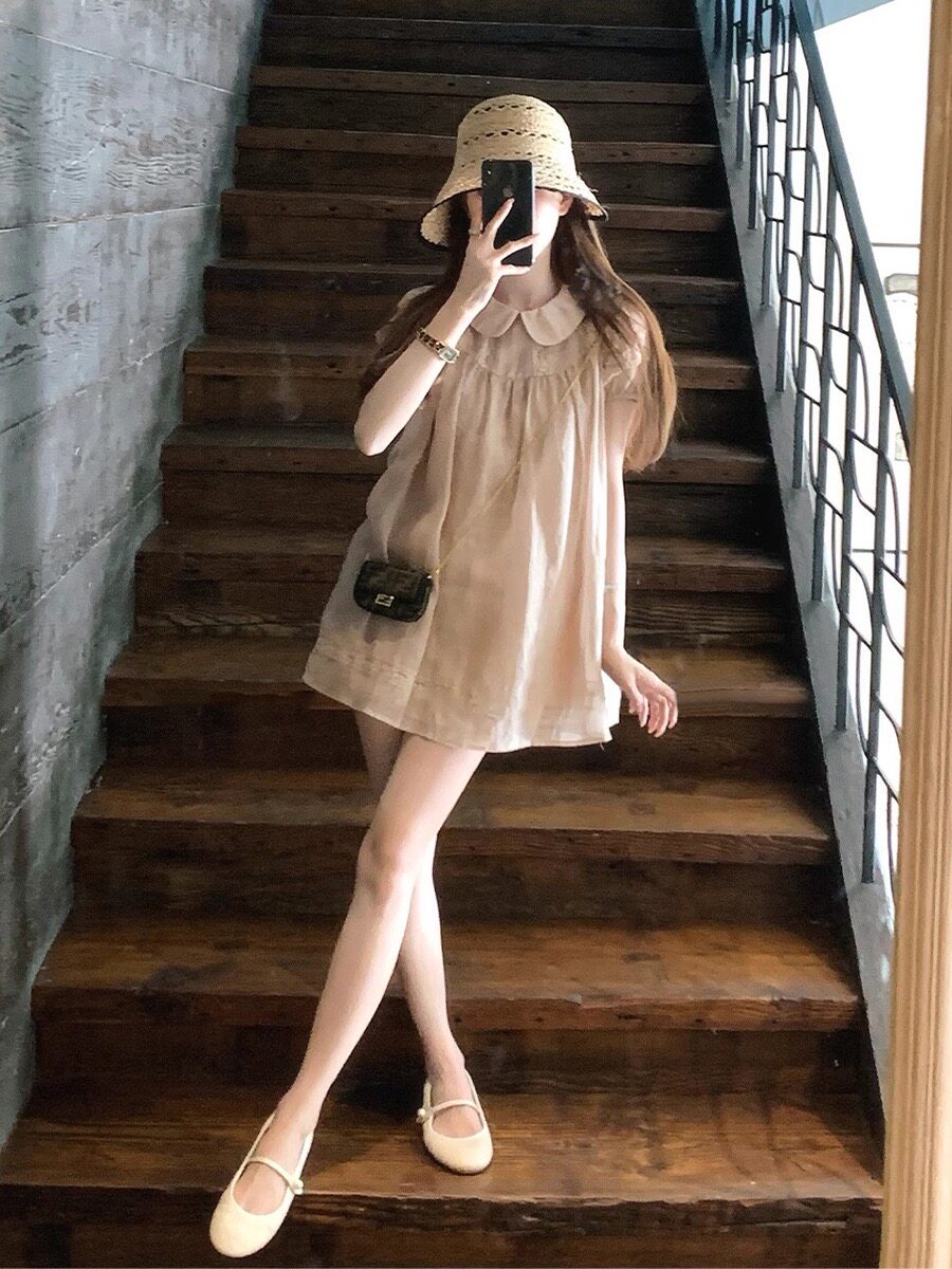去茶山 茶歇系列纯亚麻娃娃领蕾丝连衣裙女减龄显瘦宽松甜美短裙