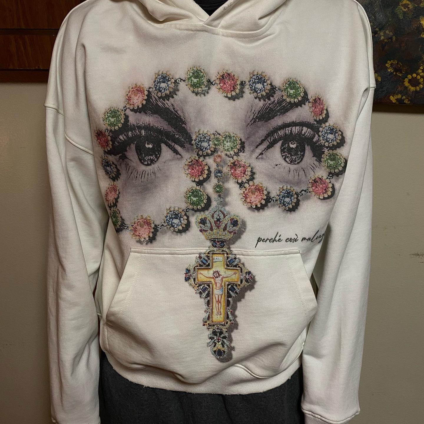 thumbnail for With hands to the heart, love to create a beautiful trendy line niche pupil design diamond cross pattern hooded sweatshirt