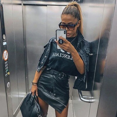 Sexy Asymmetry Pu Leather Skirt Women Punk Rock Belt Zipper