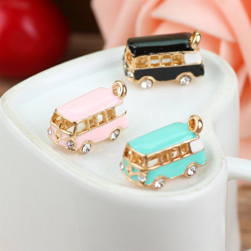 MRHUANG 5PCS Lucky Happiness Bus Enamel Pendant Charms Gold