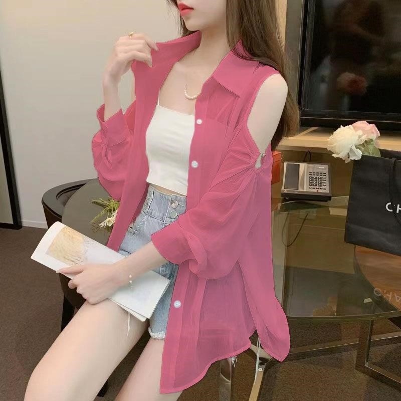 白色雪纺衬衫女春夏新款欧货糖果色性感露肩开衫薄款宽松防晒外套