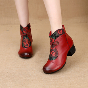头层牛皮秋冬民族风短靴女软底防滑复古短筒靴子粗跟跳舞妈妈皮靴