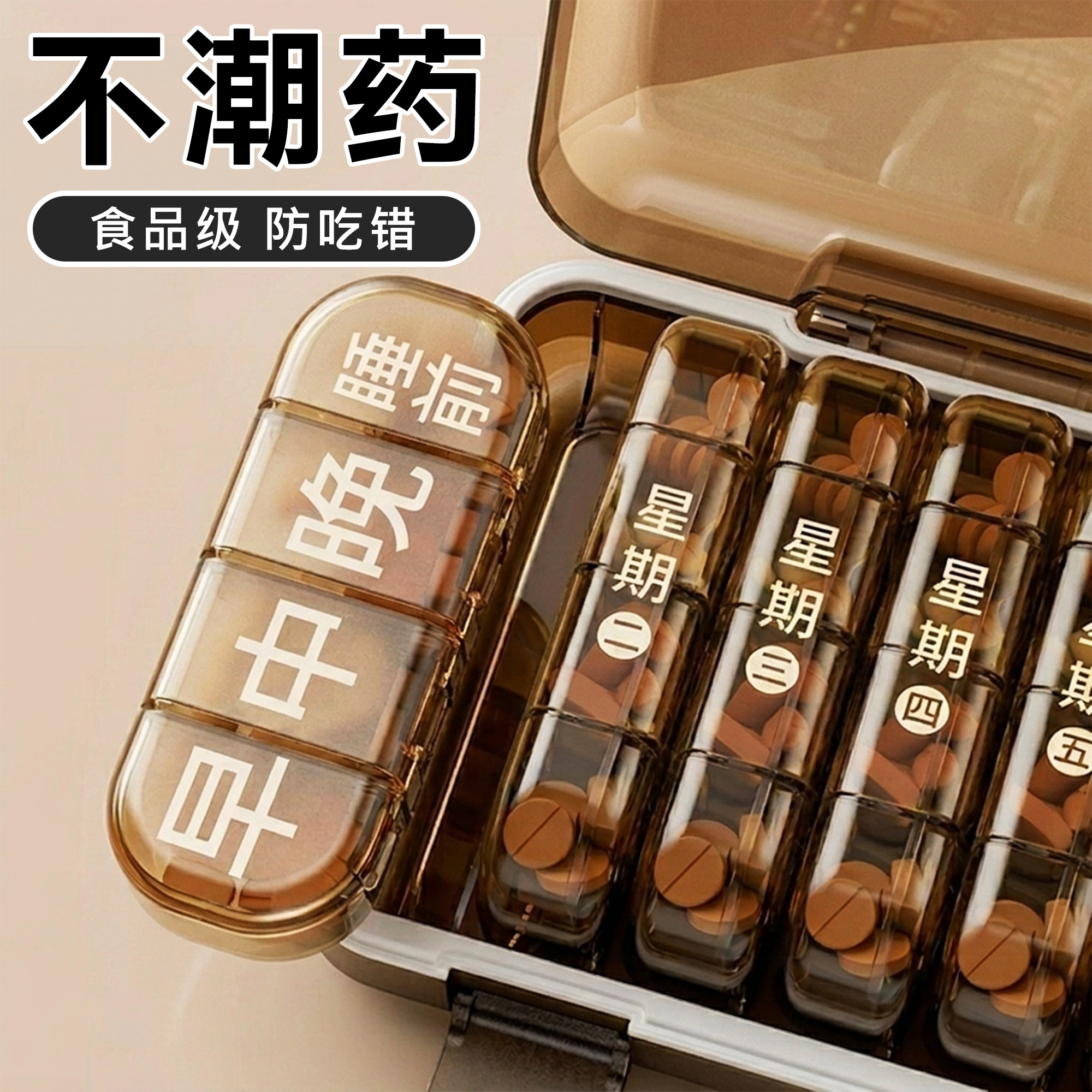 日本药盒食品级药品分装盒老年人分药盒新型药片丸密封避光医用型