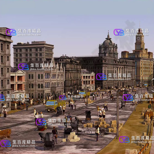 C4Dmax民国老上海欧式建筑房屋外滩码头船商业街场景3D模型素材