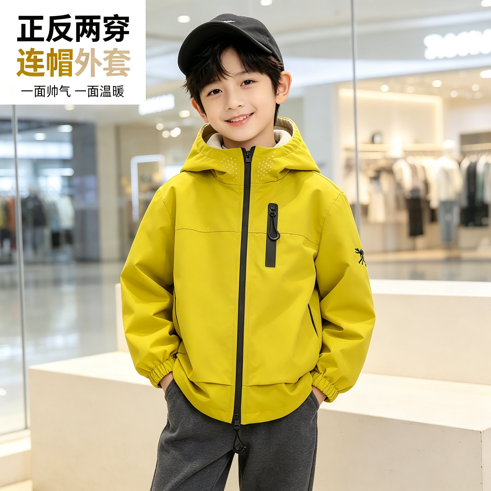 男童秋冬加绒防水冲锋衣外套双面