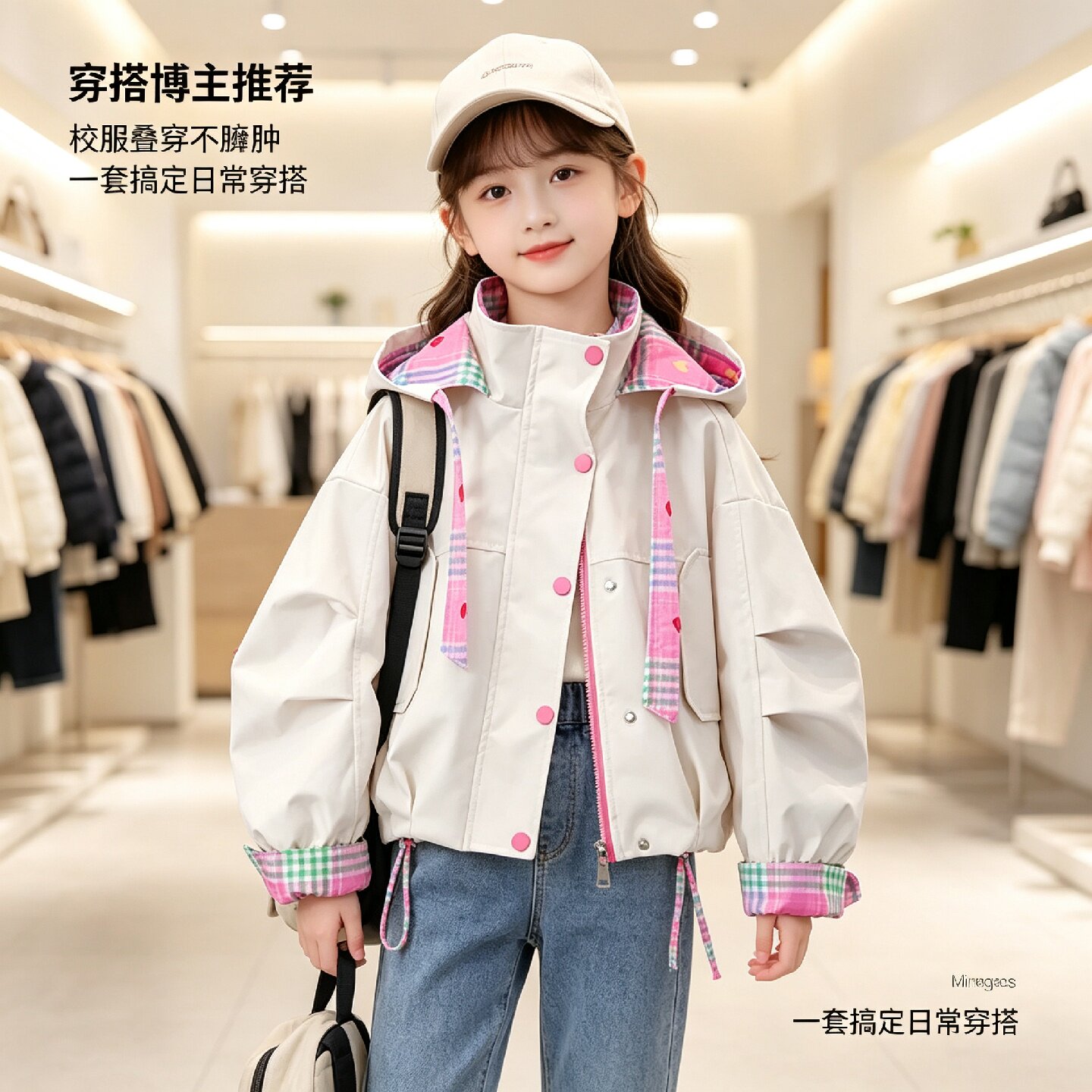 童装女童春秋甜美拼格粉外套|