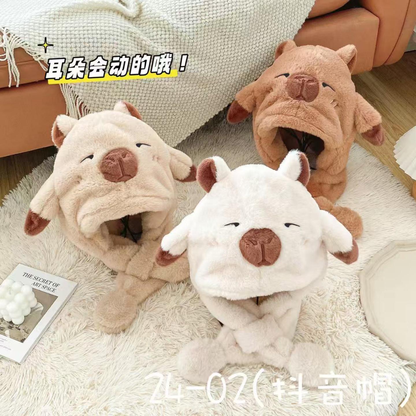 网红会动耳朵帽子围巾手套毛绒