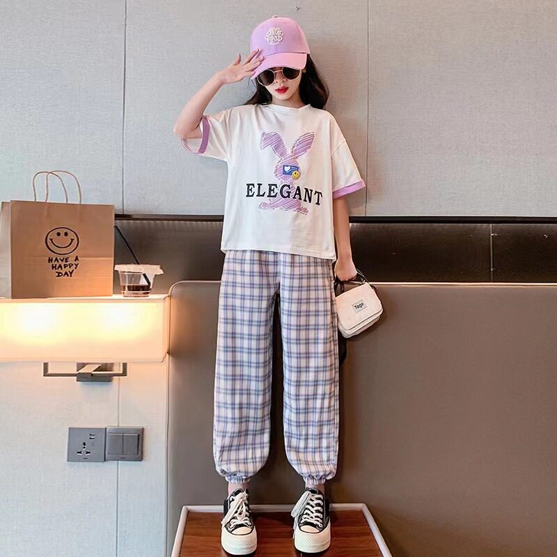 女中大童夏装韩系洋气短袖格子裤