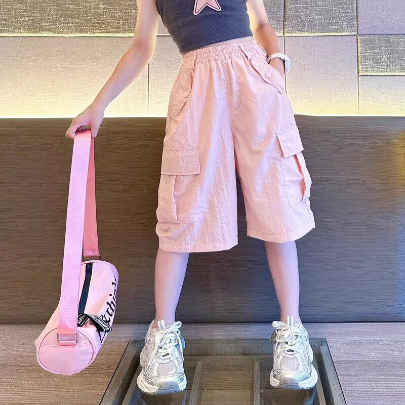女童纯色工装七分短裤夏季中大童宽松洋气休闲中裤女孩薄款速干裤
