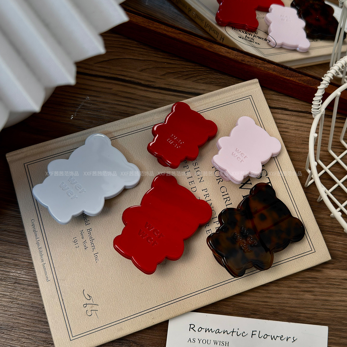 韩版发饰花朵小熊造型发夹女甜美少女心皮质发卡头饰多色可选