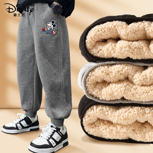 迪士尼男童加绒裤子深灰色2025新款冬季加厚保暖运动儿童冬装棉裤