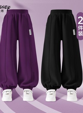 迪士尼女童加绒裤子秋冬2025新款女孩长裤大童冬装黑色儿童运动裤