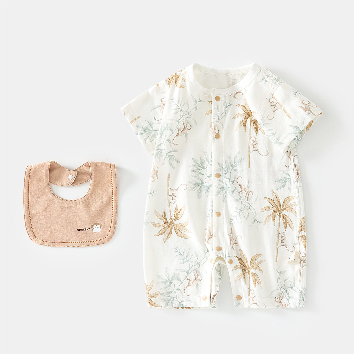 婴儿夏季短袖连体衣宝宝冰氧棉薄款爬服婴幼儿空调服哈衣送围嘴