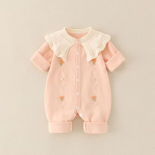 婴儿衣服满月公主服秋冬棉线女宝宝可爱连体毛衣粉色萌系长袖套装