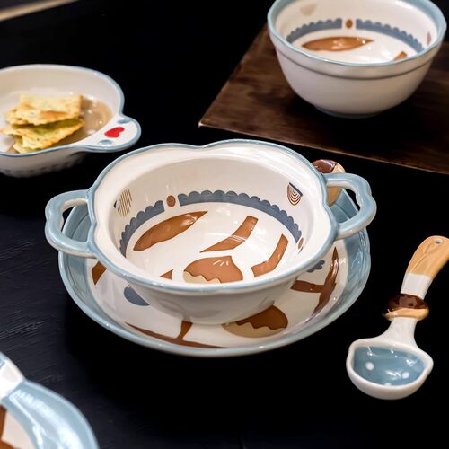 韩式陶瓷餐具可爱饭碗双耳汤碗鱼盘家用碗盘子勺子泡面碗碗碟套装