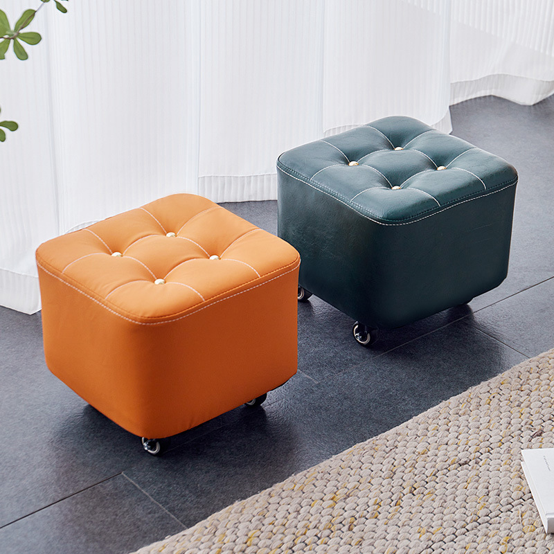 实木小凳子家用矮凳方凳实用门口换鞋凳客厅阳台万向轮滑轮软包凳