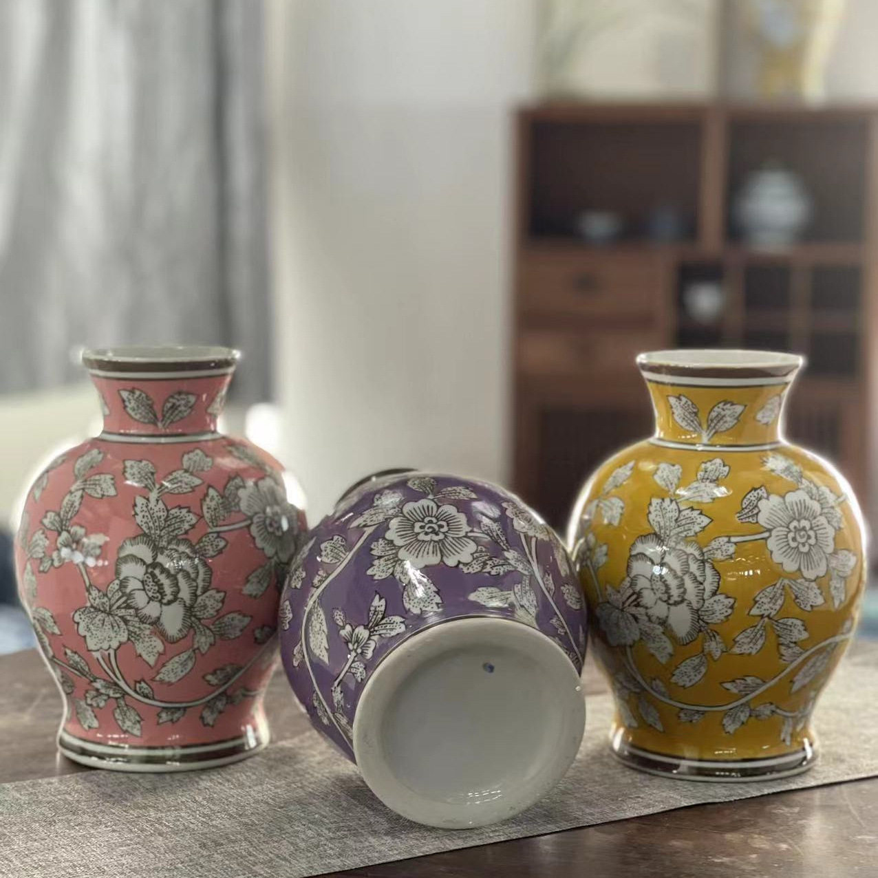 新中式粉彩陶瓷花瓶青花瓷客厅玄关插花器桌面居家摆件芍药花花瓶