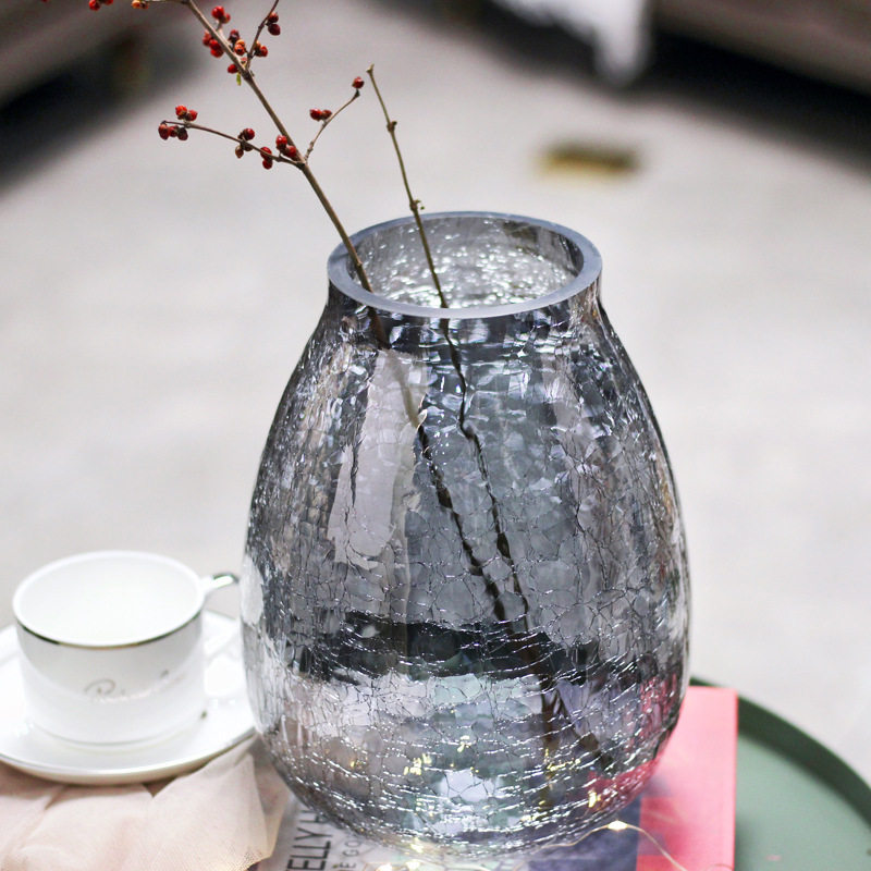 创意大号轻奢裂纹冰花玻璃花瓶琉光透明花器美式家居装饰插花摆件