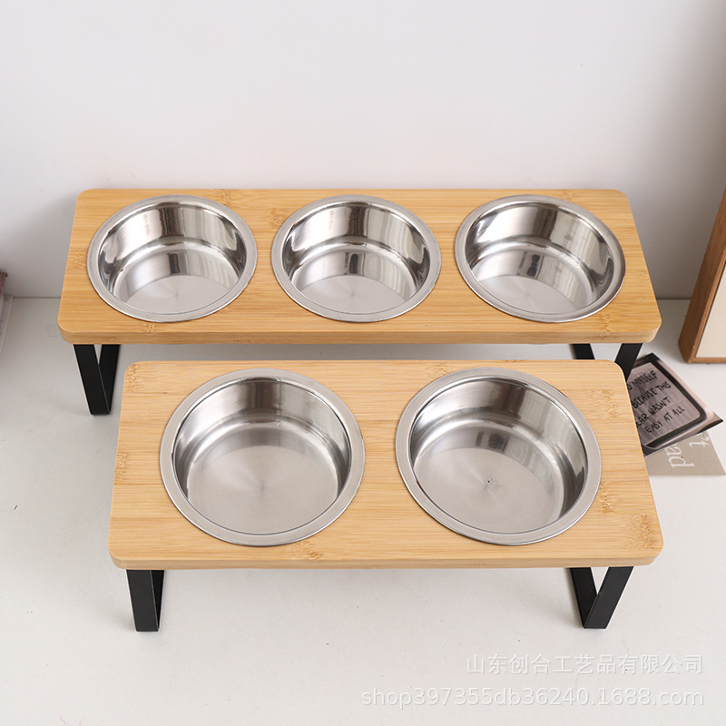 现货双碗式宠物碗架落地铁艺高脚小狗饮水架木质猫碗架宠物喂食器