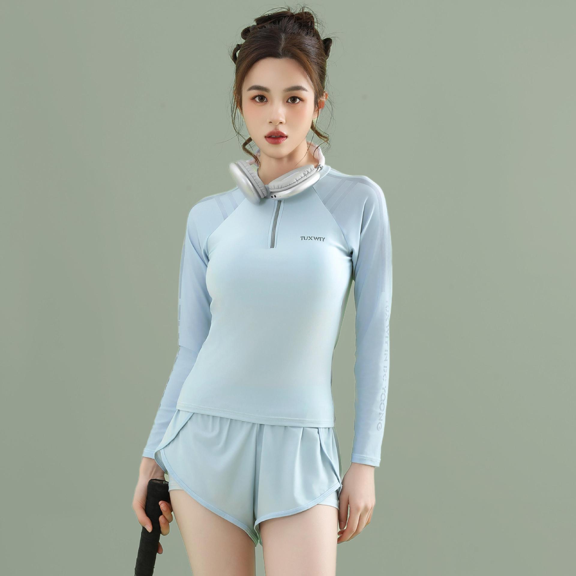 新款运动休闲套装分体长袖防晒两件套保守显瘦学生游泳衣女