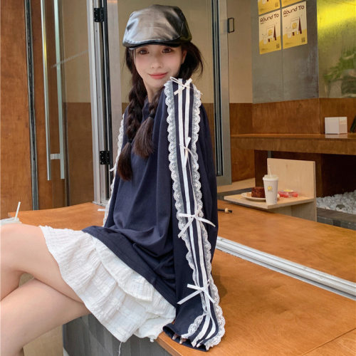 蕾丝花边条纹蝴蝶结长袖T