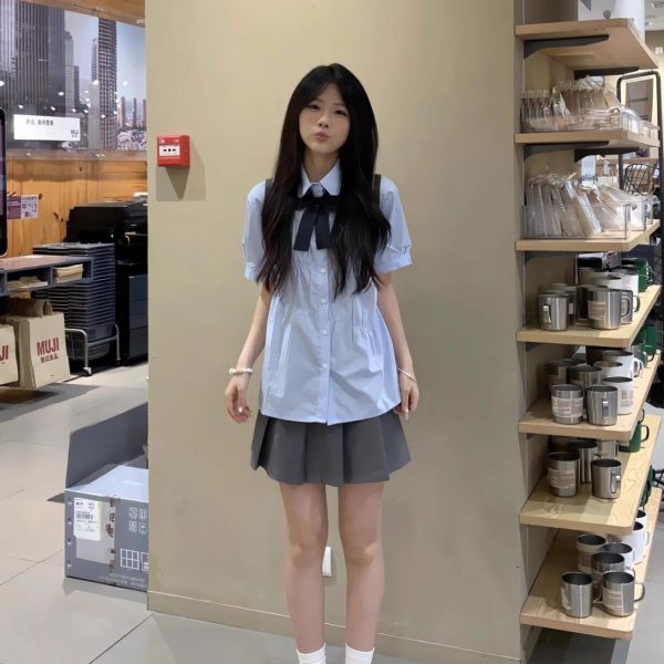 甜美夏季蓝色衬衫短袖宽松套装少女设计娃娃百褶短裙学院学姐学妹