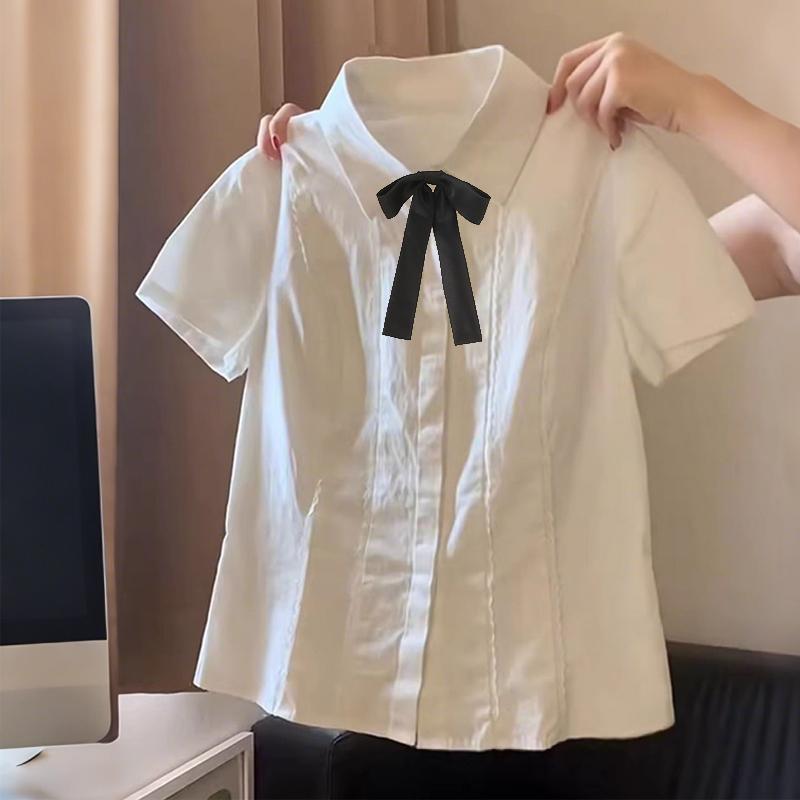 法式娃娃领白色短袖高级设计感小个子学院风宽松百搭甜美小众上衣