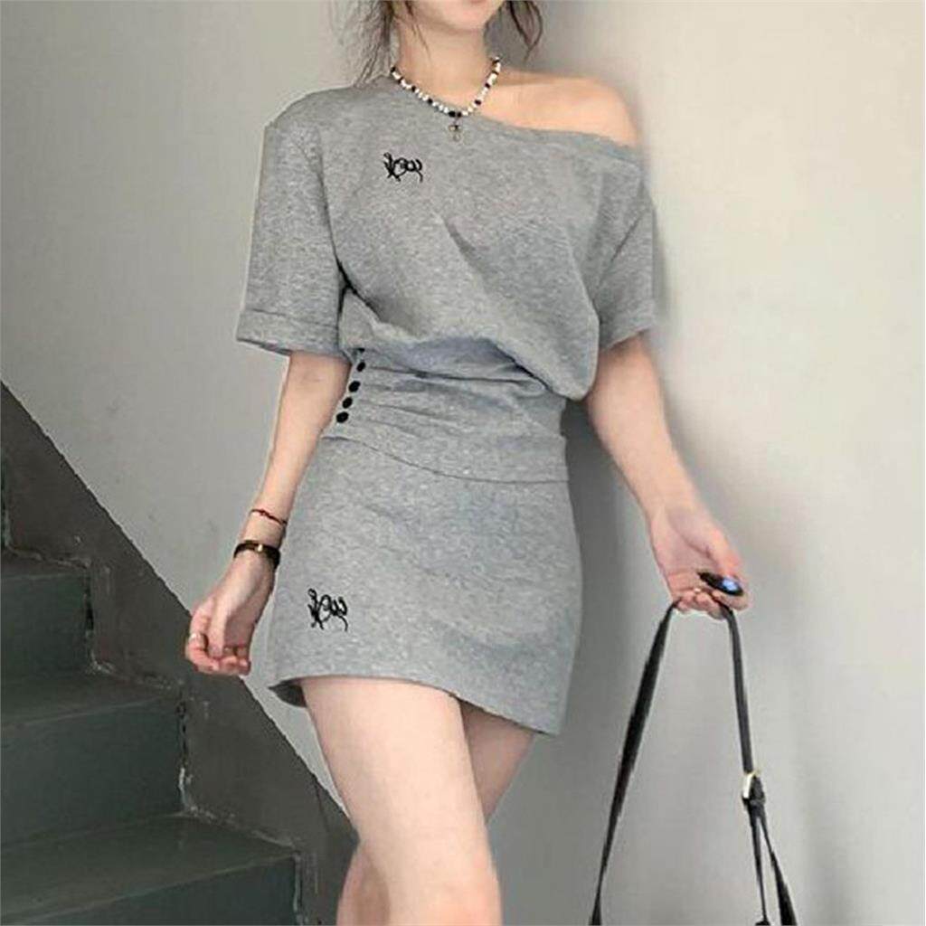 韩系慵懒风休闲运动套装女夏季时尚短款斜肩短袖短裙小个子两件套