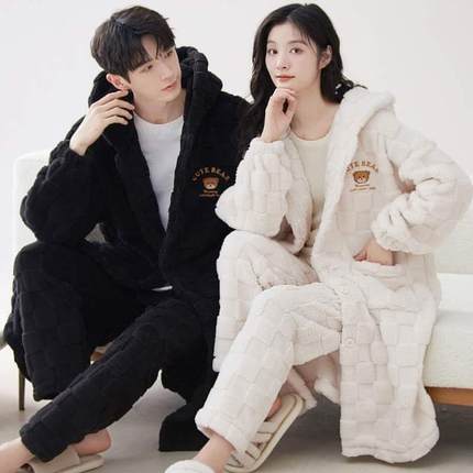 冬季红色套装加厚睡袍大情侣睡衣新婚睡衣绒结婚加绒吉祥情侣珊瑚