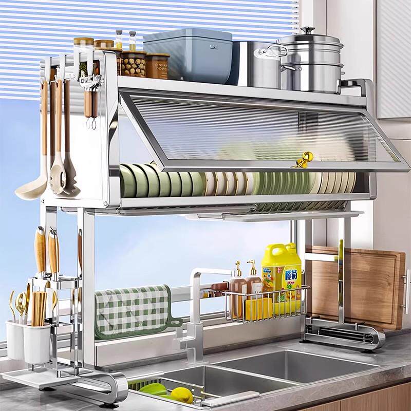 厨房304不锈钢上翻门水槽置物架厨房台面通用水池上方碗盘收纳架