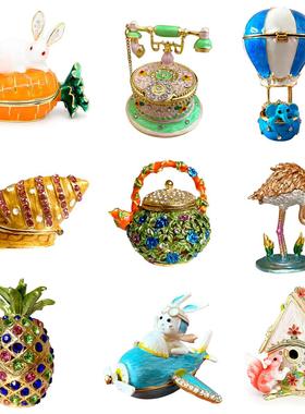 水晶招财菠萝小兔子摆件外贸珐琅彩戒指饰品收纳首饰盒家居装饰